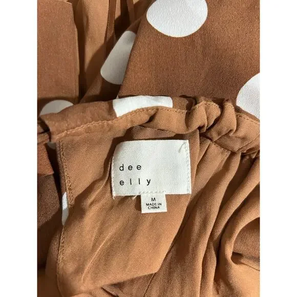 Dee Elly brown polka dot dress size M short cut outs puff sleeve lined - Picture 6 of 9